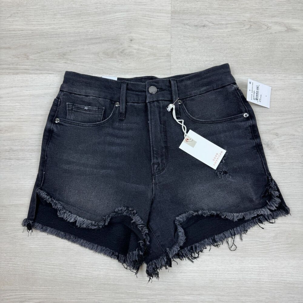 Good American Good Curve Distressed Frayed Hem Denim Short Size 4 Black